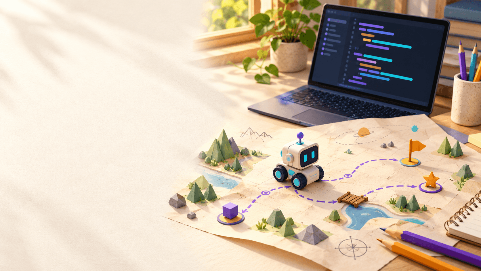 Robot học tập di chuyển qua bản đồ nhiệm vụ Python bên cạnh máy tính